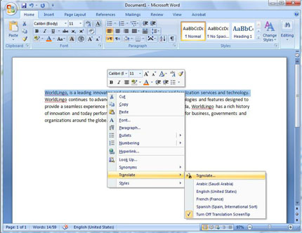 Capture d’écran montrant les menus contextuels dans Microsoft Word 2007