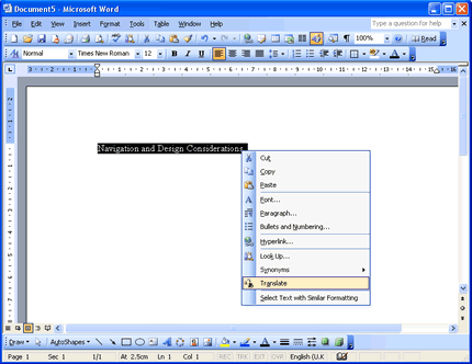 Screenshot showing context menus in Microsoft Word 2004
